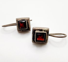 Sterling Square Red Stone Drop Dangle Earrings 3g