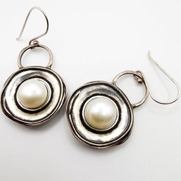 Sterling Signed Pearl Dome Dangle Earrings 5.3g