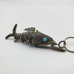 Signed Vintage Sterling Silver Filigree Articulated Fish Turquoise Eyes Receptacle Pendant 15.20g