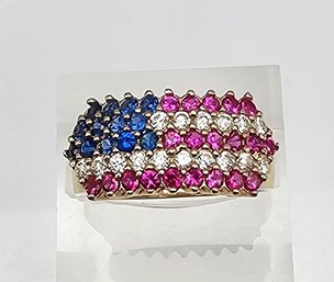 Cubic Zirconia 10K Gold Cocktail Ring Size 7 4.1 G American Flag