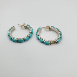 Turquoise Stone Sterling Silver Hoop Earrings_5.12g