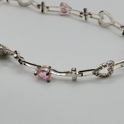 Sterling Silver Pink Rhinestone Heart Bracelet_6.87g