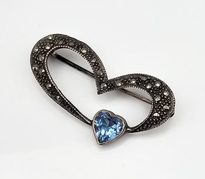 Topaz Marcasite Sterling Silver Heart Brooch 3.8 G