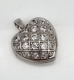 Rhinestone Sterling Silver Heart Locket Pendant 7.6 G