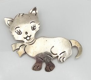 Signed Sterling Silver Cat Brooch 16.7 G