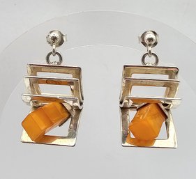 V-8 Amber Sterling Silver Drop Dangle Earrings 10.6 G