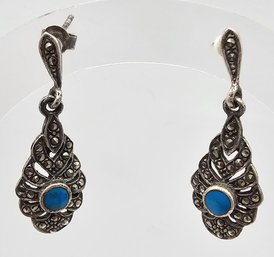 Turquoise Marcasite Sterling Silver Drop Dangle Earrings 3.7 G