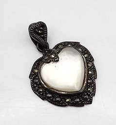 CW Mother Of Pearl Marcasite Sterling Silver Heart Pendant 3.7 G