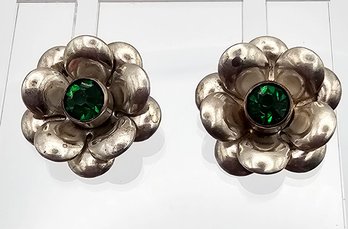 Rhinestone Sterling Silver Flower Earrings 4.9 G