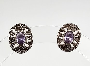 Amethyst Marcasite Sterling Silver Earrings 4.9 G