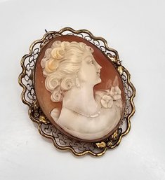 Victorian Shell Carved 12K Gold Filled Cameo Brooch Pendant 8.9 G