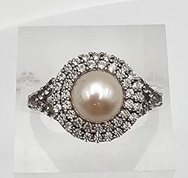 SUN Pearl White Sapphire Sterling Silver Cocktail Ring Size 6.75 3.8 G