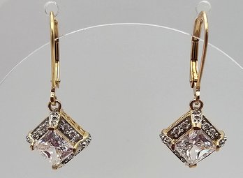 Rhinestone Gold Over Sterling Silver Drop Dangle Earrings 4.2 G