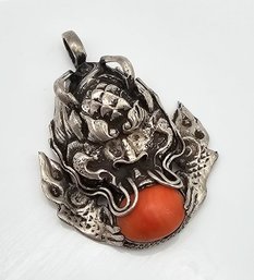 Coral Sterling Silver Asian Dragon Pendant 8.8 G
