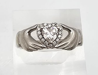Rhinestone Sterling Silver Clauddagh Ring Size 8.25 3.7 G