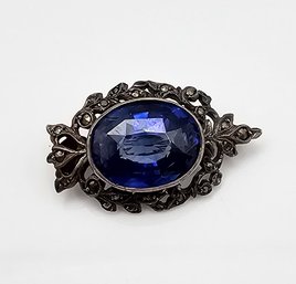 Sapphire Marcasite Sterling Silver Brooch 5.9 G