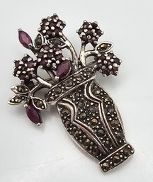 Ruby Marcasite Sterling Silver Floral Brooch 11.1 G
