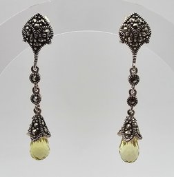 Citrine Marcasite Sterling Silver Drop Dangle Earrings 5.2 G Approximately 1.25 TCW