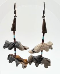 Native Turquoise Stone Carved Fetish Buffalo Armadillo Dangle Earrings 9.5 G