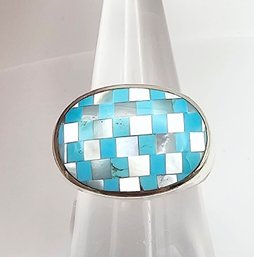 PB Checkerboard Turquoise Mother Of Pearl Sterling Silver Ring Size 6.5 12.2 G