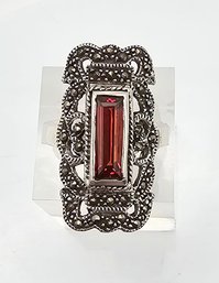 Garnet Marcasite Sterling Silver Cocktail Ring Size 7 8.3 G Approximately 1 TCW