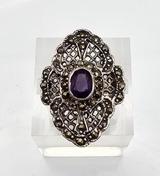 Amethyst Marcasite Sterling Silver Cocktail Ring Size 7 5.7 G