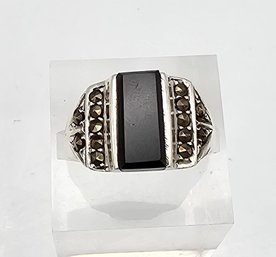 Obsidian Marcasite Sterling Silver Cocktail Ring Size 7.5 5 G