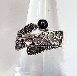 Obsidian Marcasite Sterling Silver Cocktail Ring Size 7 3.7 G