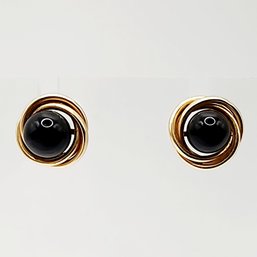 14k Gold Signed Onyx Orbit Stud Earrings No Backs 2.1g