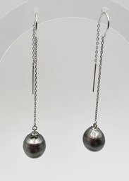 Pearl 14K White Gold Threader Drop Dangle Earrings 3.6 G