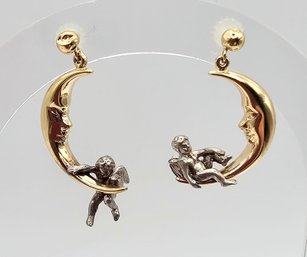 PBD 14K Gold Sterling Silver Moon Angel Dangle Earrings 3.9 G