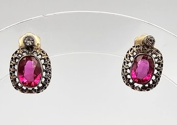 Signed Crown Pink Stone 14K Gold Earrings 1.7 G