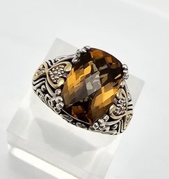 Cushion Cut Citrine Diamond 14K Gold Sterling Silver Cocktail Ring Size 7 16.9 G Approximately 6 TCW