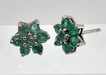 Emerald Sterling Silver Flower Earrings 2.2 G Approximately 0.98 TCW