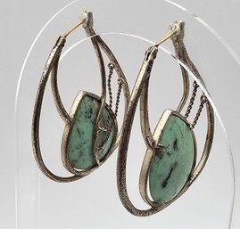 KCR Turquoise Sterling Silver Hoop Chain Dangle Earrings 11.3 G