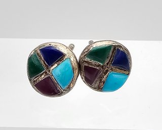 Native? Turquoise Malachite Lapis Sterling Silver Earrings 0.7 G