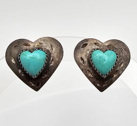 Southwestern Turquoise Sterling Silver Heart Earrings 4.6 G