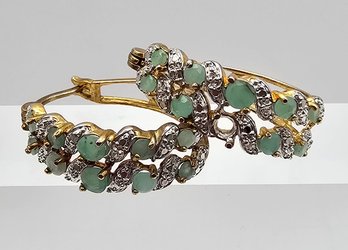 Emerald Diamond Gold Over Sterling Silver Hoop Earrings 4.7 G