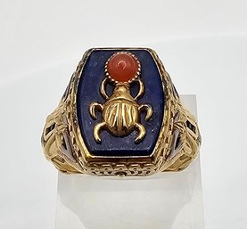 NH Lapis Carnelian Gold Over Sterling Silver Egyptian Revival Scarab Ring Size 12.25 10.3 G