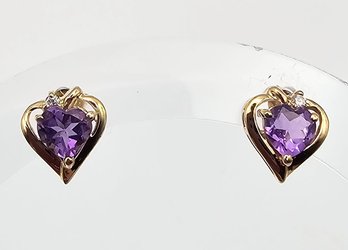 Diamond Amethyst 10K Gold Heart Earrings 1.7 G Approximately 1.3 TCW