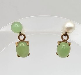 Jade Pearl 14K Gold Drop Dangle Earrings 3 G