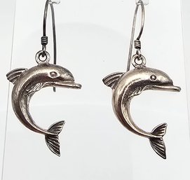 'CW' Sterling Silver Dolphin Drop Dangle Earrings 4.6 G