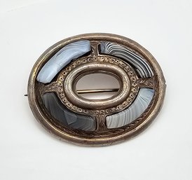 Antique Scottish Banded Agate Sterling Silver Brooch 6.9 G