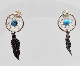 Turquoise Sterling Silver Dream Catcher Feather Earrings 0.9 G