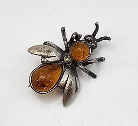 Amber Sterling Silver Bug Bee Brooch 2 G