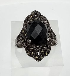 Marcasite Rhinestone Sterling Silver Cocktail Ring Size 7.25 5.7 G