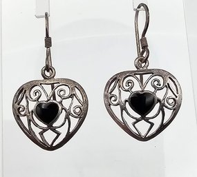Onyx Sterling Silver Heart Drop Dangle Earrings 2.7 G