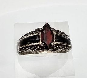 Garnet Marcasite Enamel Sterling Silver Cocktail Ring Size 9.25 4 G Approximately 0.80 TCW