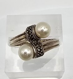 'CW' Pearl Marcasite Sterling Silver Cocktail Ring Size 7.25 4.3 G