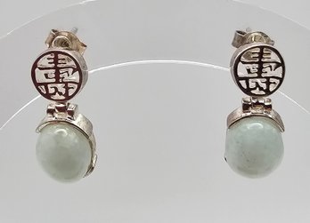 'BBJ' Jade Sterling Silver Asian Character Dangle Earrings 3.8 G